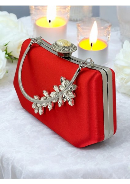 Kırmızı Renk Gümüş Kristal Taşlı Zarif Tasarım Metal Saplı Abiye Çantası fırsatları