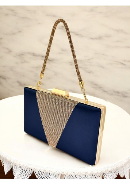 Lacivert Renk Saten Altın Renk Kristal Taşlı Saplı Kadın Abiye Çanta Düğün Mezuniyet Nişan