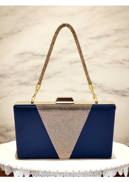 Lacivert Renk Saten Altın Renk Kristal Taşlı Saplı Kadın Abiye Çanta Düğün Mezuniyet Nişan fiyatları