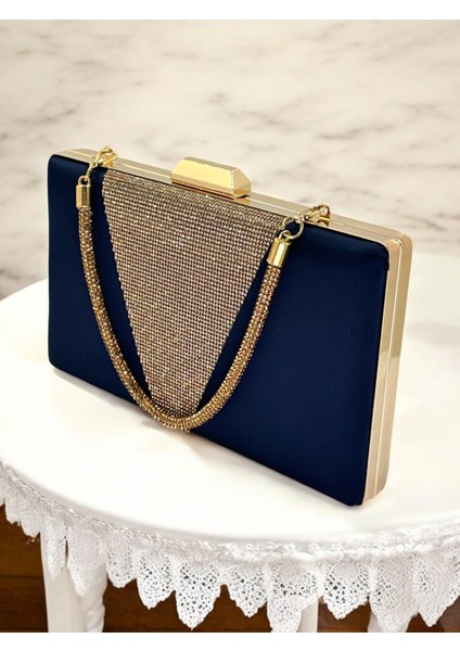 Lacivert Renk Saten Altın Renk Kristal Taşlı Saplı Kadın Abiye Çanta Düğün Mezuniyet Nişan modelleri