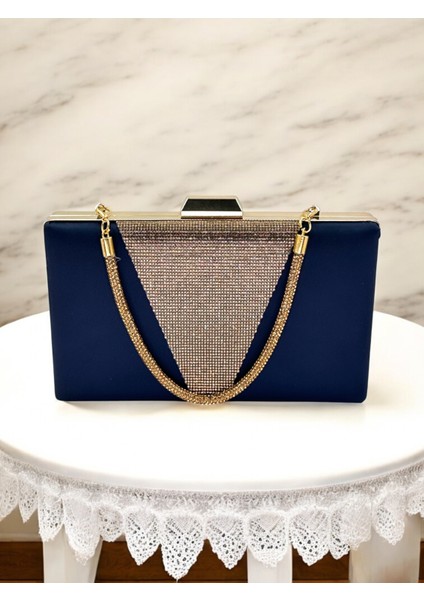 Lacivert Renk Saten Altın Renk Kristal Taşlı Saplı Kadın Abiye Çanta Düğün Mezuniyet Nişan fırsatları