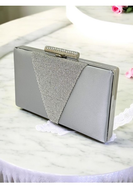 Gri Renk Saten Renk Kristal Taşlı Kadın Abiye Çanta Düğün Mezuniyet Nişan