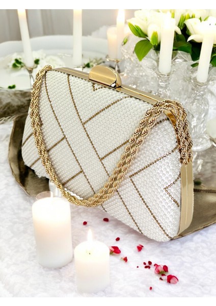 Sedef Ekru Altın Renk Incili Zincir Kulplu Kadın Abiye Çanta Mezuniyet Düğün Nişan
