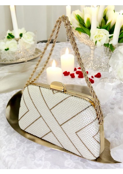 Sedef Ekru Altın Renk Incili Zincir Kulplu Kadın Abiye Çanta Mezuniyet Düğün Nişan modelleri