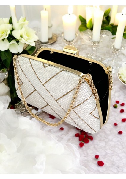 Sedef Ekru Altın Renk Incili Zincir Kulplu Kadın Abiye Çanta Mezuniyet Düğün Nişan fırsatları