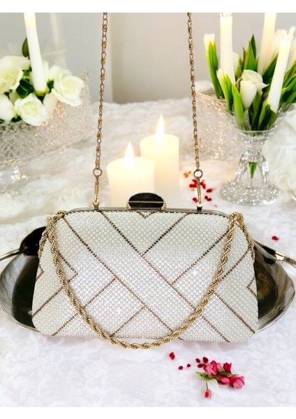 Sedef Ekru Altın Renk Incili Zincir Kulplu Kadın Abiye Çanta Mezuniyet Düğün Nişan indirimleri