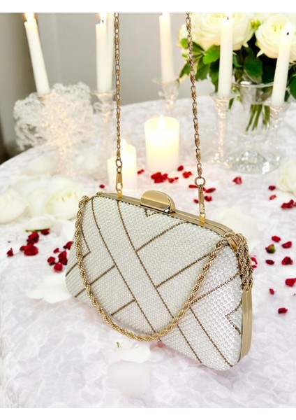 Sedef Ekru Altın Renk Incili Zincir Kulplu Kadın Abiye Çanta Mezuniyet Düğün Nişan