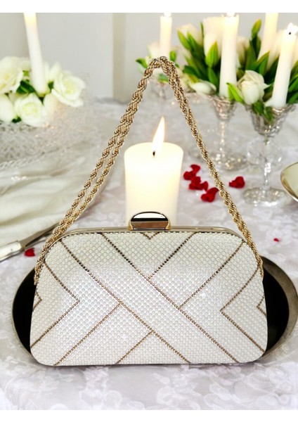 Sedef Ekru Altın Renk Incili Zincir Kulplu Kadın Abiye Çanta Mezuniyet Düğün Nişan