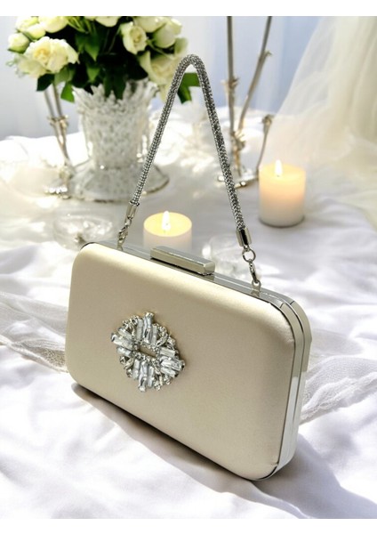 Ten Renk Saten Taşlı Saplı Kadın Abiye Çanta Düğün Nişan Mezuniyet