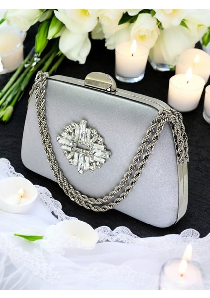 Özel Tasarım Gri Renk Saten Zincir Saplı Gümüş Kristal Taşlı Saplı Kulplu Kadın Abiye Çanta