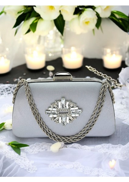 Özel Tasarım Gri Renk Saten Zincir Saplı Gümüş Kristal Taşlı Saplı Kulplu Kadın Abiye Çanta fiyatları