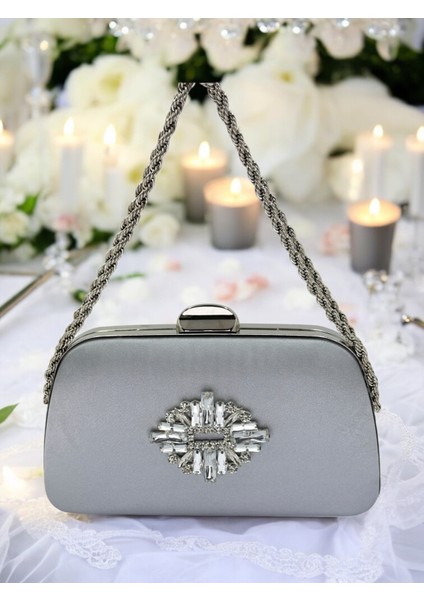 Özel Tasarım Gri Renk Saten Zincir Saplı Gümüş Kristal Taşlı Saplı Kulplu Kadın Abiye Çanta
