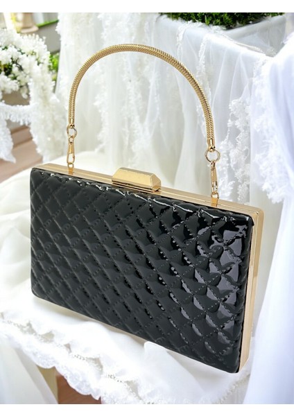 Siyah Lüks Rugan Kapitone Desenli Kadın Abye Çanta Düğün Nişan Mezuniyet