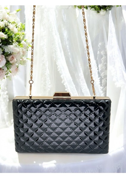 Siyah Lüks Rugan Kapitone Desenli Kadın Abye Çanta Düğün Nişan Mezuniyet fırsatları