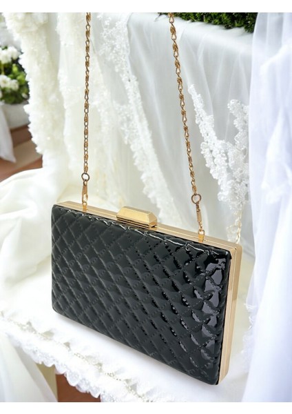 Siyah Lüks Rugan Kapitone Desenli Kadın Abye Çanta Düğün Nişan Mezuniyet indirimleri