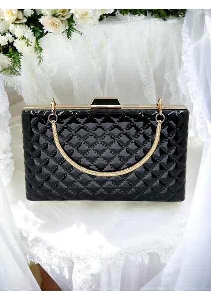 Siyah Lüks Rugan Kapitone Desenli Kadın Abye Çanta Düğün Nişan Mezuniyet