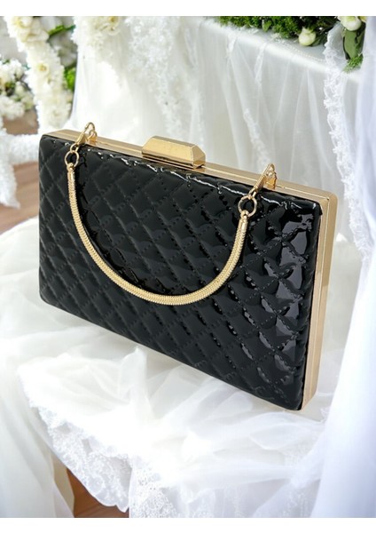 Siyah Lüks Rugan Kapitone Desenli Kadın Abye Çanta Düğün Nişan Mezuniyet
