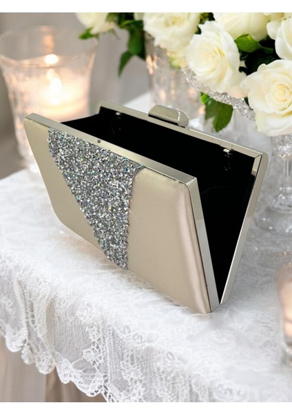 Ten Nude Saten Gümüş Taşlı Abiye Çanta Gece Çantası Nişan Düğün Çantası modelleri