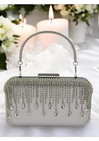 El Yapımı Gümüş Gri Lame Saten Kristal Taşlı Abiye Çanta fiyatları