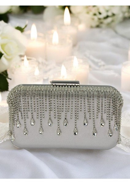 El Yapımı Gümüş Gri Lame Saten Kristal Taşlı Abiye Çanta indirimleri