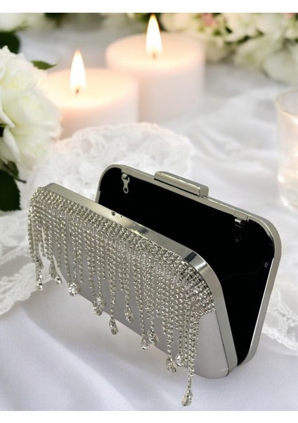 El Yapımı Gümüş Gri Lame Saten Kristal Taşlı Abiye Çanta