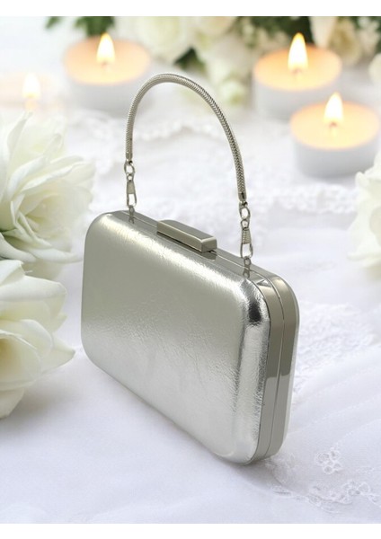Gümüş Gri Lame Kırışık Cilt Deri Metalik Renk Zincir Askılı Abiye Çanta Düğün Nişan Mezuniyet