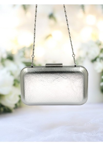 Gümüş Gri Lame Kırışık Cilt Deri Metalik Renk Zincir Askılı Abiye Çanta Düğün Nişan Mezuniyet fırsatları