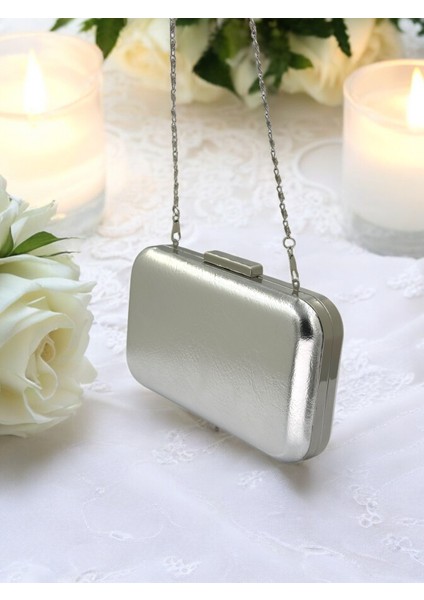 Gümüş Gri Lame Kırışık Cilt Deri Metalik Renk Zincir Askılı Abiye Çanta Düğün Nişan Mezuniyet indirimleri