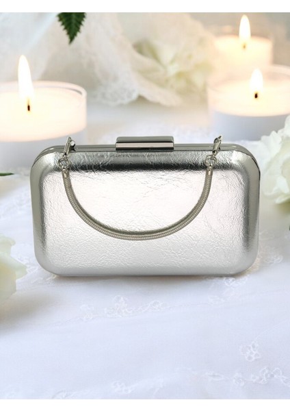 Gümüş Gri Lame Kırışık Cilt Deri Metalik Renk Zincir Askılı Abiye Çanta Düğün Nişan Mezuniyet