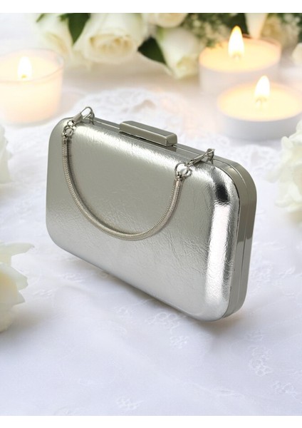 Gümüş Gri Lame Kırışık Cilt Deri Metalik Renk Zincir Askılı Abiye Çanta Düğün Nişan Mezuniyet