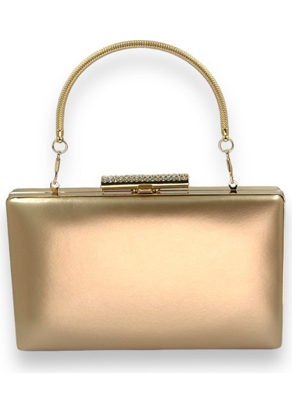 Altın Gold Dore Renk Cilt Deri Mat Deri Metal Saplı Abiye Çanta Gece Çantası Düğün Nişan Kına