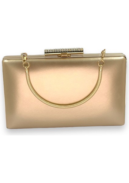 Altın Gold Dore Renk Cilt Deri Mat Deri Metal Saplı Abiye Çanta Gece Çantası Düğün Nişan Kına