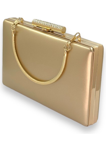 Altın Gold Dore Renk Cilt Deri Mat Deri Metal Saplı Abiye Çanta Gece Çantası Düğün Nişan Kına