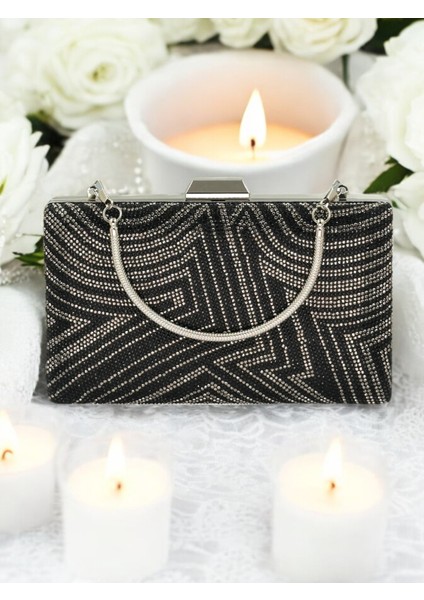 Siyah Gümüş Renk Kristal Taşlı Metal Saplı Abiye Çanta Düğün Nişan Kına Mezuniyet