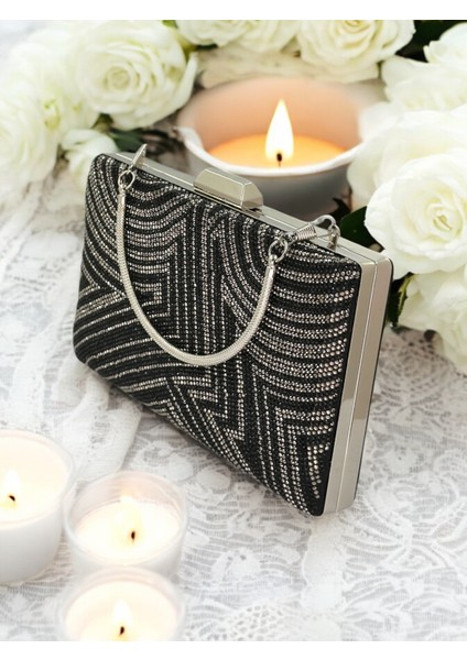 Siyah Gümüş Renk Kristal Taşlı Metal Saplı Abiye Çanta Düğün Nişan Kına Mezuniyet