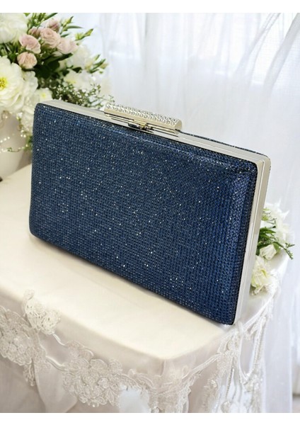 Lacivert Renk Tek Taraf Taşlı Kadın Abiye Çanta Düğün Nişan Mezuniyet