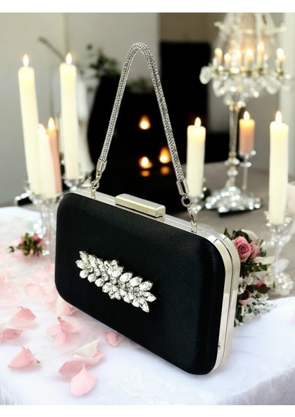 Siyah Renk Saten Taşlı Saplı Kadın Abiye Çanta Düğün Nişan Mezuniyet