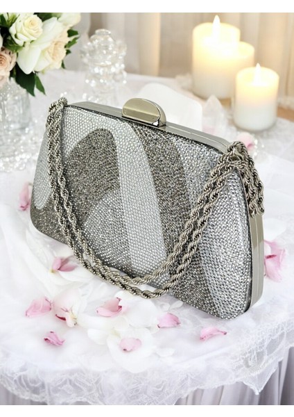 Gümüş Platin Kristal Renk Taşlı Zincir Kulplu Kadın Abiye Çanta Mezuniyet Düğün Nişan