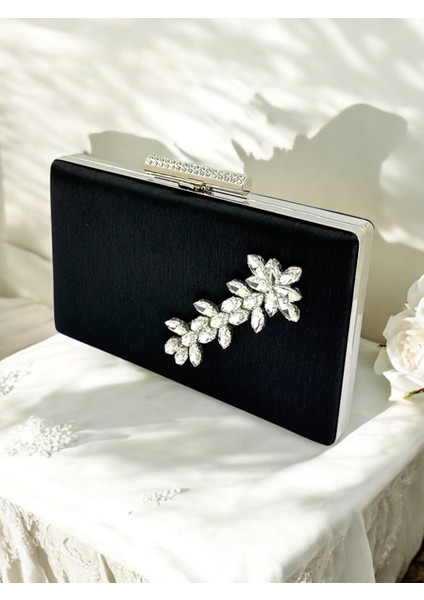 Siyah Renk El Izi Yapmayan Simli Saten Kristal Taşlı Kadın Abiye Çanta Düğün Nişan