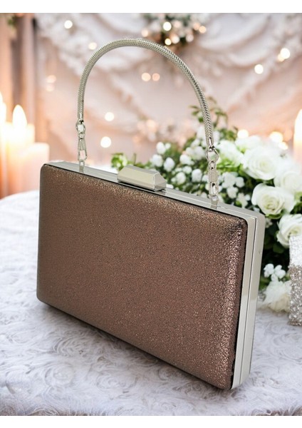 Bakır Kristal Desenli Mat Deri Metal Saplı Abiye Çanta Gece Çantası Kına Düğün Nişan Çantası