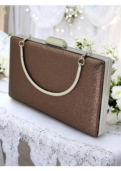 Bakır Kristal Desenli Mat Deri Metal Saplı Abiye Çanta Gece Çantası Kına Düğün Nişan Çantası