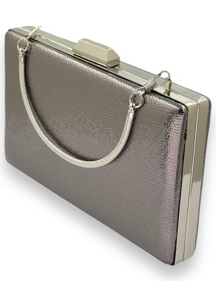 Metalik Antrasit Gri Platin Renk Zincir Askılı Abiye Çanta Düğün Nişan Mezuniyet