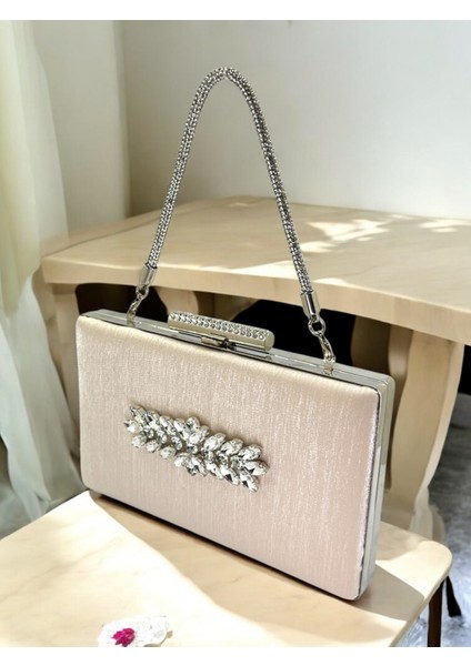 Ten Nude Taşlı Saplı Renk El Izi Yapmayan Simli Saten Kristal Taşlı Kadın Abiye Çanta Düğün Nişan