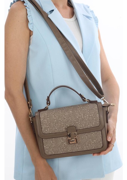 ,kilit Detaylı, Hasır Nakışlı,günlük ,şık, vizon bayan Çapraz Çantası