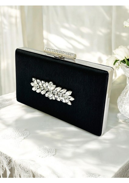 Siyah Renk El Izi Yapmayan Simli Saten Kristal Taşlı Kadın Abiye Çanta Düğün Nişan