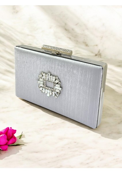 Gümüş Gri Renk El Izi Yapmayan Simli Saten Kristal Taşlı Kadın Abiye Çanta Düğün Nişan