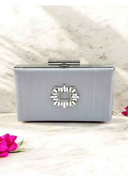 Gümüş Gri Renk El Izi Yapmayan Simli Saten Kristal Taşlı Kadın Abiye Çanta Düğün Nişan fiyatları