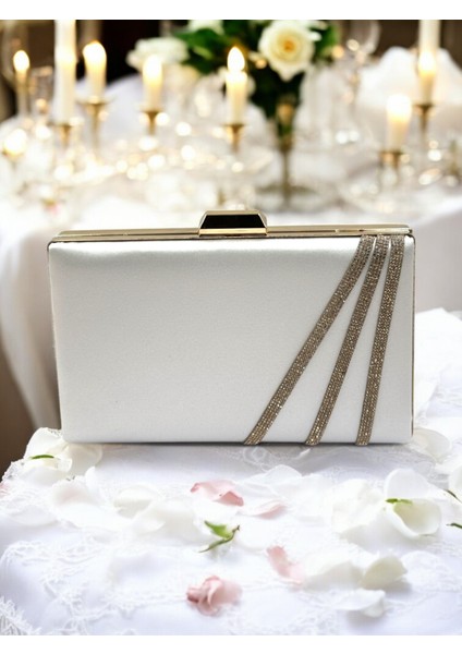 Sedef Ekru Renk Saten Çapraz Altın Kristal Taşlı Kadın Abiye Çanta Düğün Nişan Mezuniyet fiyatları