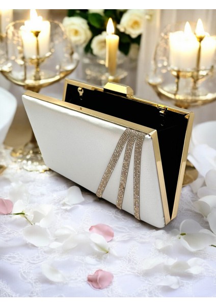 Sedef Ekru Renk Saten Çapraz Altın Kristal Taşlı Kadın Abiye Çanta Düğün Nişan Mezuniyet modelleri