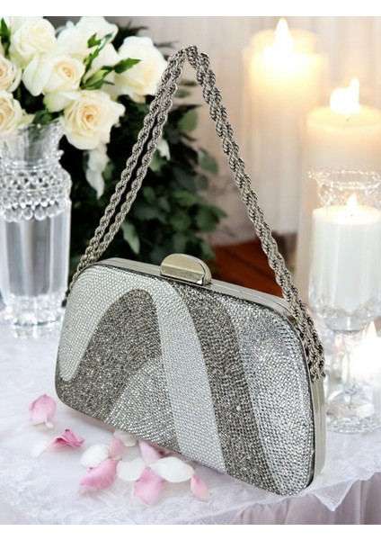 Gümüş Platin Kristal Renk Taşlı Zincir Kulplu Kadın Abiye Çanta Mezuniyet Düğün Nişan modelleri